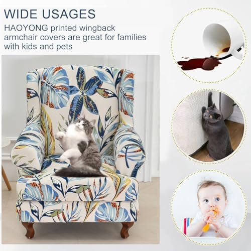 HAOYONG Wing Chair Slipcovers Stretch Wingback Chair Covers Printed 2 Pieces Wingback Armchair Slipcover Elastic Chair Slip Covers Washable Armchair Protector Cover for Living Room and Bedroom