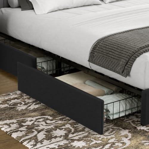 VECELO Full Size Upholstered Bed Frame with 4 Drawers and Headboard, Velvet Platform Storage Bedframe, Wooden Slats Support, No Box Spring Needed,Black