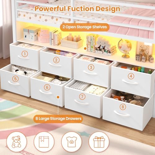 Low Loft Bed Twin Size with 8 Storage Drawers, LED House Loft Bed