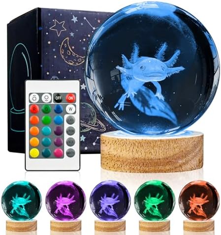 3D Axolotl Crystal Ball Night Light with Remote, Upgraded 3.15 Inch Axolotl Glass Ball Lamps with 16 Color LED Wooden Base for Birthday Holiday Xmas, Cool Axolotl Toy Decor Gifts for Boys Girls Kids