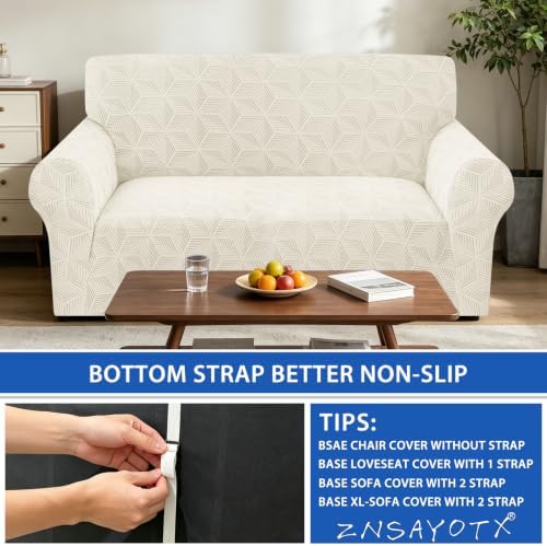 ZNSAYOTX Stretch Couch Cover, 1 Piece Sofa Covers for 2 Cushion Couch, Jacquard Loveseat Slipcovers with Elastic Bottom Thickened Furniture Protector for Dog Cat Pet (Medium, Beige)