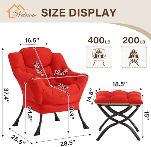Welnow Lazy Chair with Ottoman, Reading Chair with Footrest,Red