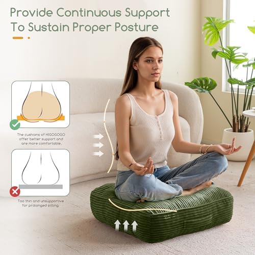 HIGOGOGO 6" Extra Thick Floor Pillow Cushion for Adults, Meditation Cushion Pillow, Large Square Floor Sitting, Tufted Corduroy Cover, for Tatami Living Room or Yoga, 22x22 Inch, 2Pack, Dark Green
