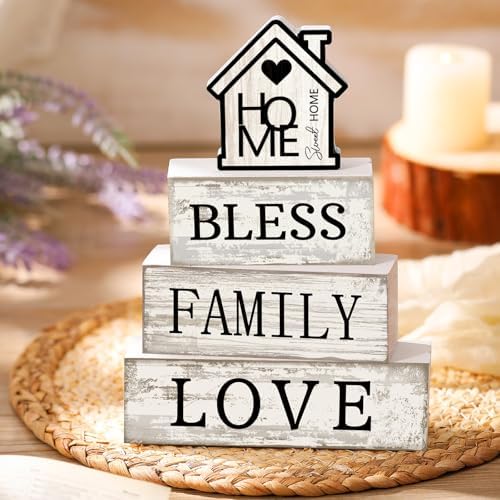 Yuntau 4 Pcs Rustic Farmhouse Decor Wood Block Sign Tiered Tray Decor