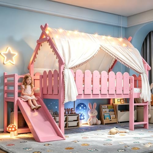 Bellemave Low Loft Bed Twin with Slide and Lights Strip for Kids, Pink