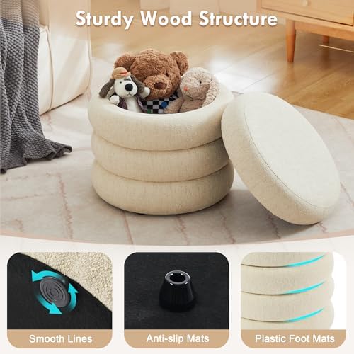 Compact Round Linen Ottoman with Storage, Small Tufted Vanity Stool for Dorm, Modern Storage Ottoman with Removable Lid for Entryway and Lounge, Beige