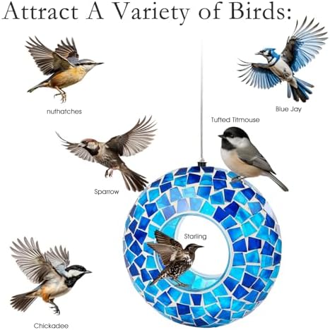 6 Inch Mosaic Glass Fly Through Bird Feeder for Outdoors, Blue