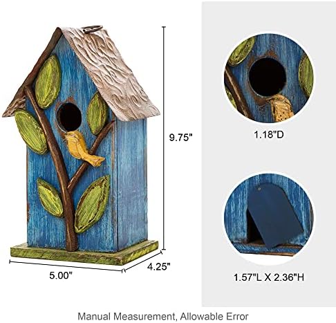 Glitzhome Bird Houses for Outside, 9.7" H Hanging Bird House for Outdoor, Patio Garden Decorative Pet Cottage Distressed Wooden Birdhouse for Bluebird Hummingbird Wren Finch Cardinals, Blue Leaves