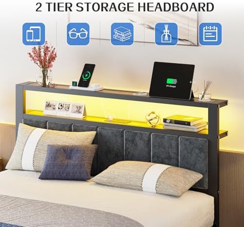 Liians Full Size Bed Frame with LED Lights, Charging Station