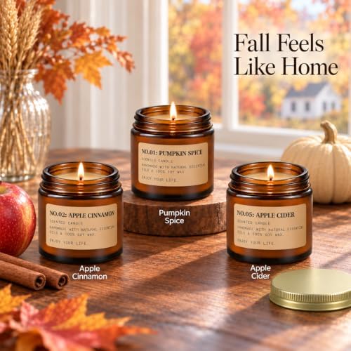 Fall & Winter Scented Candles Gift Set, 6 x 3.5 oz, Apple, Pumpkin & Balsam