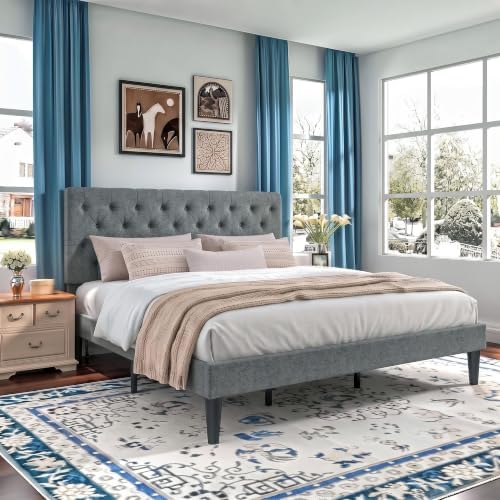 HOMBCK King Size Bed Frame, Upholstered Bed with Headboard, Light Grey