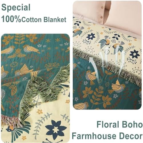 Boho Throw Blanket King Size for Bed, 100% Cotton Lightweight Fall