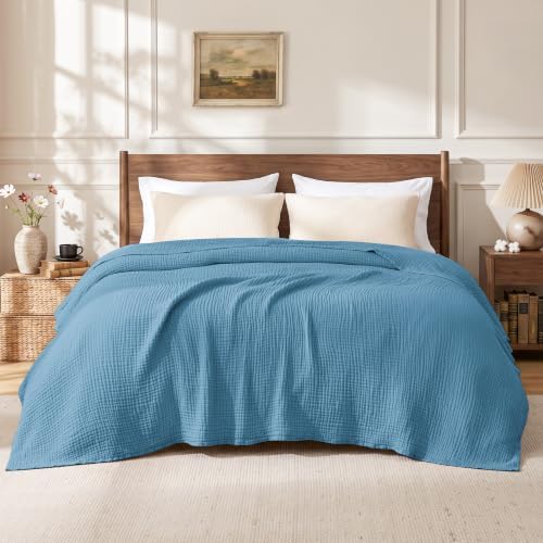 Love's cabin 100% Cotton Muslin Blanket King Size for Bed, Misty Blue