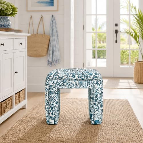 Get Set Style Vanity Stool Chair,Modern Tusk Bloom Ottoman Foot Stool with Wooden Legs Sofa Bench Footstool Extra Seat for Vanity,Makeup Room,Living Room(Fully Assembled) (Tusk&Bloom-Indigo)