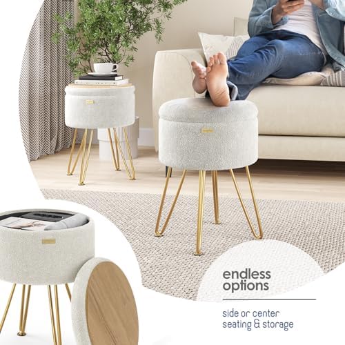 Round Ottoman with Storage, Boucle Storage Ottoman, Foot Stool Ottomans, Makeup Vanity Stool, Small Ottomans Foot Rest, Modern Vanity Stools for Living Room and Bedroom, Cream