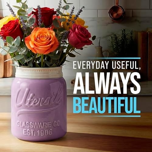 Comfify Purple Mason Jar Utensil Holder – Wide Mouth Ceramic – Farmhouse
