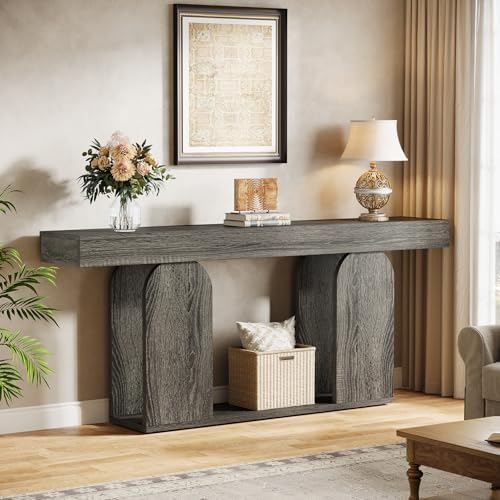Tribesigns 70.9-Inch Extra Long Sofa Table, Farmhouse Console Tables with Wood Frame and Storage Shelf, 2-Tier Wood Table Behind Couch for Living Room, Hallway, Foyer, Light Brown (Dark Gray)