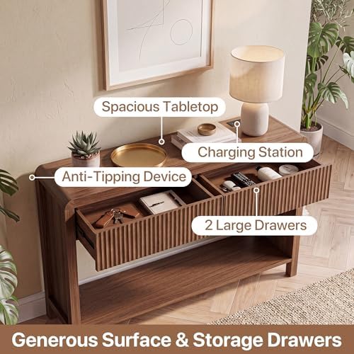 Seang Fluted Sofa Table with Power Outlets,47" Narrow Console Table with 2 Drawers Behind Couch,Curved Entryway Tables with Open Storage for Entrance,Hallway,Living Room,Dark Walnut