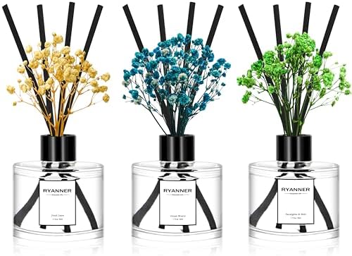 Reed Diffuser Set of 3 Pack,Fresh Clean Linen/Ocean Breeze/Eucalyptus & Mint Scented Oil Diffuser with Sticks(1.7 fl oz Each Pack),Air Freshener for Bedroom Bathroom Office | Shelf Decor