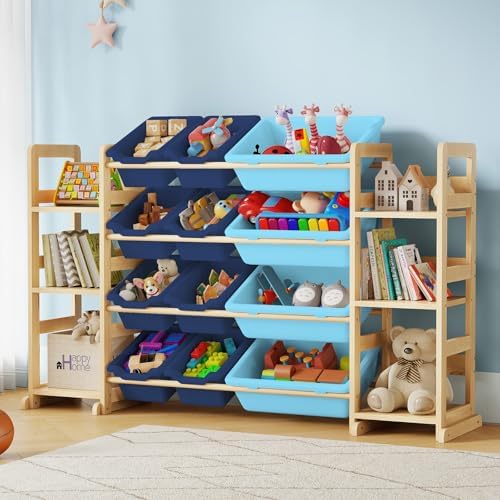 EXPERLAM Extra Large Toy Storage - Toy Storage Organizer, Wooden Toy Organizer with 6 Side Shelves and 12 Bins, 3-in-1 Bookshelf for Kids Rooms, Playroom, Nursery, Blue