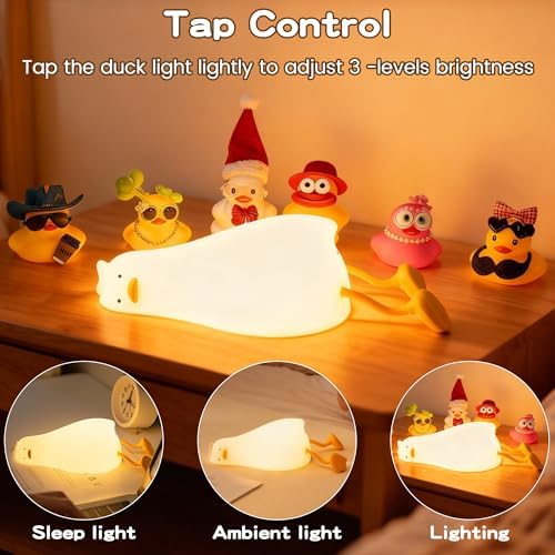 FAMIDUO Lying Flat Duck Night Light, Silicone Rechargeable Touch LED Lamp