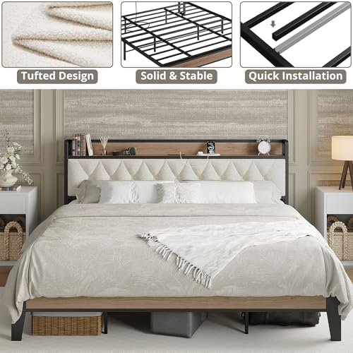 ANCTOR King Size Bed Frame with Headboard & Charging Station,Wood and Cream