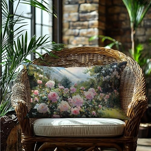 Vintage Rose Garden Nature Scene Pillow Cover 12x20 Double-Sided, Cottagecore Pink Flower Decorative Lumbar Throw Pillow Cover for Home Bedroom Living Room