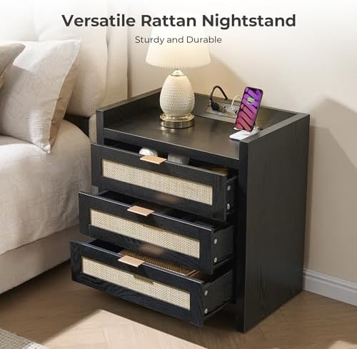 SICOTAS Rattan Nightstand Larger Bedside Table with 3 Drawers