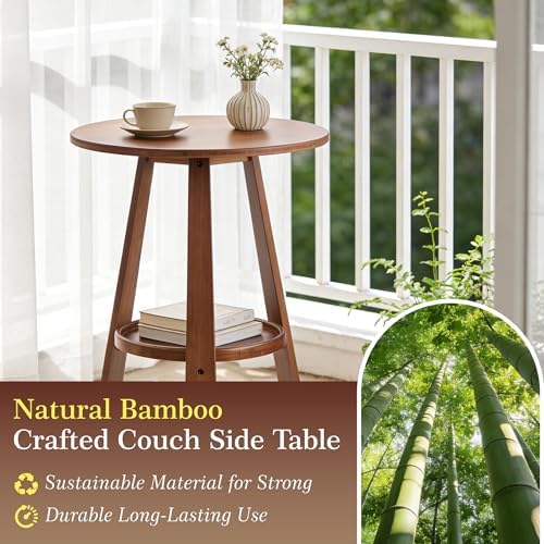 2-Tier Bamboo Round Side Table, Mid-Century Modern End Table