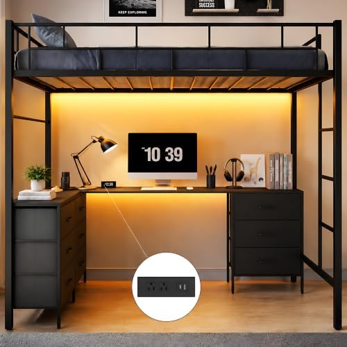 Twin Size Loft Bed with L-Shaped Desk and Storage, Black