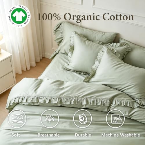 Simple&Opulence Kids 100% Organic Cotton Duvet Cover with Ruffle 104 x 92-3 PCS High End Floral Frill Lace Bedding, Romantic Cottagecore Style Comforter Cover with 2 Pillowcases, Sage Green, King