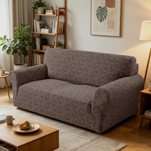 ZNSAYOTX Stretch Couch Cover, 1 Piece Sofa Covers for 2 Cushion Couch, Jacquard Loveseat Slipcovers with Elastic Bottom Thickened Furniture Protector for Dog Cat Pet (Medium, Brown)