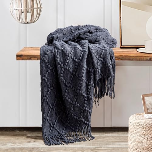 BOURINA Navy Throw Blanket 50 x70 Inch Jacquard Throw Knitted Blanket