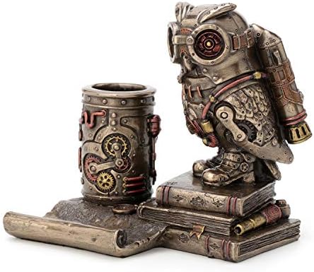 Veronese Design 5 1/4 Inch Steampunk Owl Cell Phone Holder Pen Holder Resin Sculpture Bronze Finish Statue Desk Stand Home Decor Aviation Bird Animal Gift