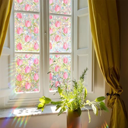 Window Film,Rainbow Window Privacy Film,17.5" x 78.7"Tulip Vine Double Sided Static Glass Window Clings Stickers for Home Office Living Room Bathroom Glass Windows Door Decor