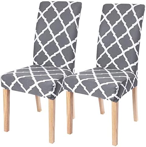 SearchI Dining Room Chair Covers Set of 2, Stretch Geometric Parsons Chair Slipcovers Spandex Removable Washable Kitchen Chair Protector Cover for Dining Room, Hotel, Ceremony (Gray+White)