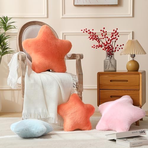 YRXRUS Star Pillows, Christmas Pillows, Orange Star Shaped Pillow, Gifts, Cute Plush Throw Pillow Room Decor, Fluffy Faux Rabbit Fur 18"x18", Living Bedroom
