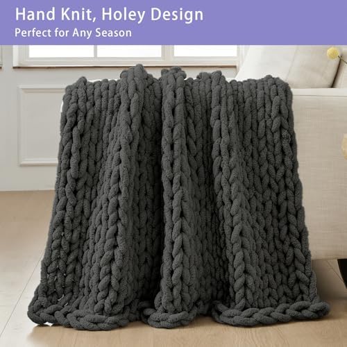 Bigacogo Chunky Knit Throw Blanket for Couch, 40x80 inches, Dark Grey