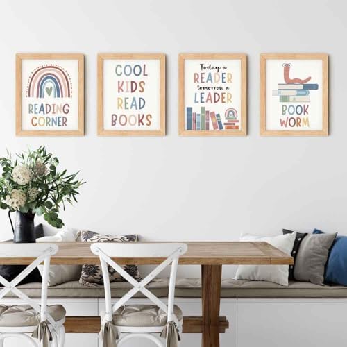 4pcs Motivational Reading Posters Wall Art Prints Decor For Classroom Read Corner School Nursery Library - Cool Kids Read Book, Boho Bulletin Decorations for Kids Reading Nook 8x10in, Unframe