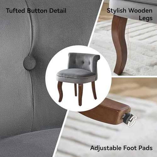 WUTUTUEE Velvet Vanity Chair with Back, Tufted Upholstered Vanity Stool with Solid Wood Legs, Mid Century Small Makeup Chair for Vanity, Accent Chair for Bedroom, Living Room, Grey