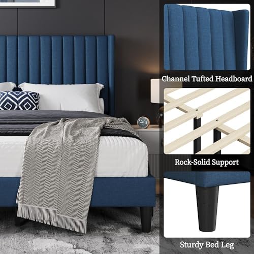 Yaheetech Queen Bed Frame with Headboard, Navy Blue Channel-Tufted Platform