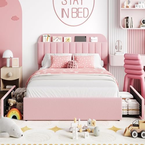 IDEALHOUSE Queen Bed Frame with 2 Flexible Drawers and Bookcase Headboard, Boucle Upholstered Platform Bed for Boys/Girls, Noise-Free, Easy Assembly, No Box Spring Needed, Pink