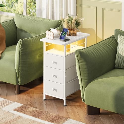 WLIVE Night Stand with Charging Station, End Table with 3 Fabric Drawers