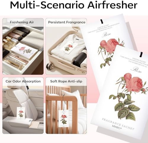MYARO 12 Pack Rose Scented Sachets, Closet Deodorizer Car Air Freshener