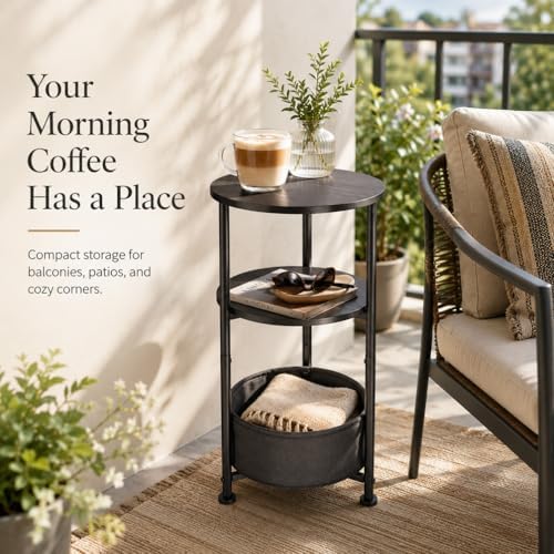 3-Tier Small Round Side Table with Storage Basket, Black