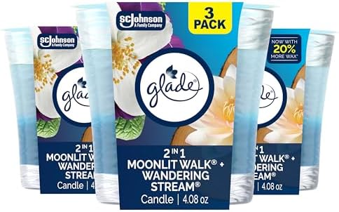 Glade 1-Wick 2in1 Scented Candle Jar, Moonlit Walk & Wandering Stream, Air Freshener Infused with Essential Oils, 4.08 Oz, 3 Count