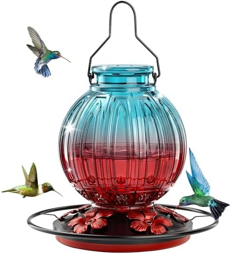 Glass Hummingbird Feeder for Outdoors Hanging, 26 fl oz Bird Nectar Feeder