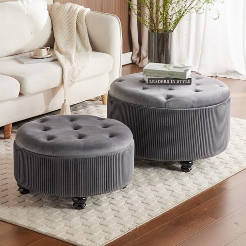 Round Storage Ottoman Coffee Table Set of 2, Gray, 29'' & 24.5''