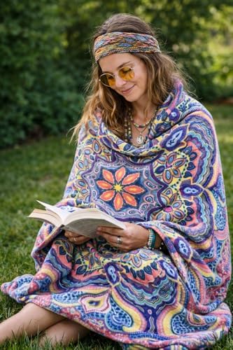 Soft Fleece Throw Blanket, Bohemian Boho Paisley Damask Purple Pink, 50x70