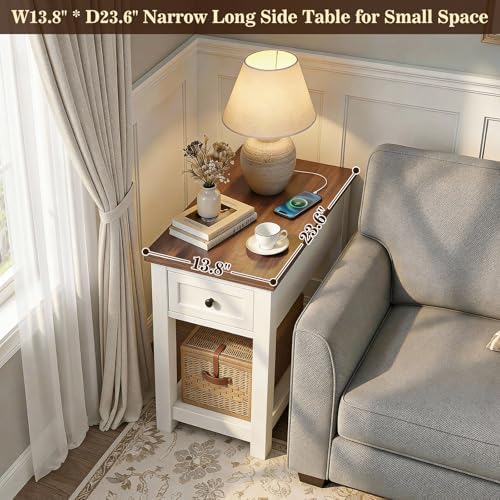 Farmhouse Narrow End Table Set of 2 with Charging Station, 13.8" Wide